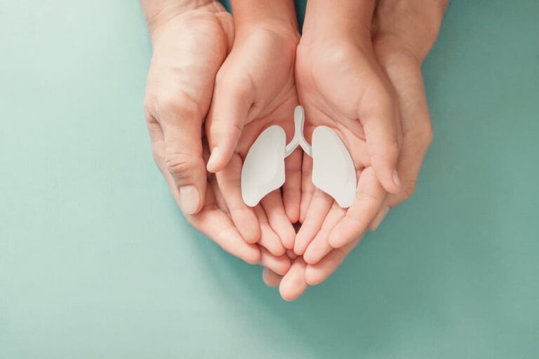 Mãos de adulto e criança segurando uma representação de pulmões, simbolizando cuidado e saúde respiratória.